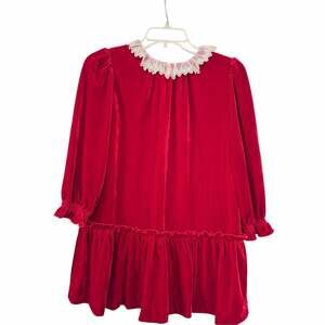 Bonpoint Girls Red Velvet Christmas Dress Lace Collar French Luxury Romantic 8